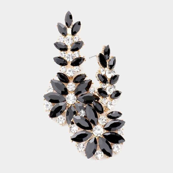 Floral Black Round Marquise Stone Earrings - Picture 1 of 6